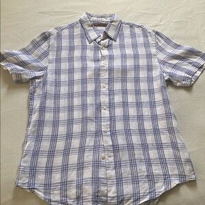 Perry Ellis Shirt Mens Large Button Up Linen blue white  plaid Short Sleeve